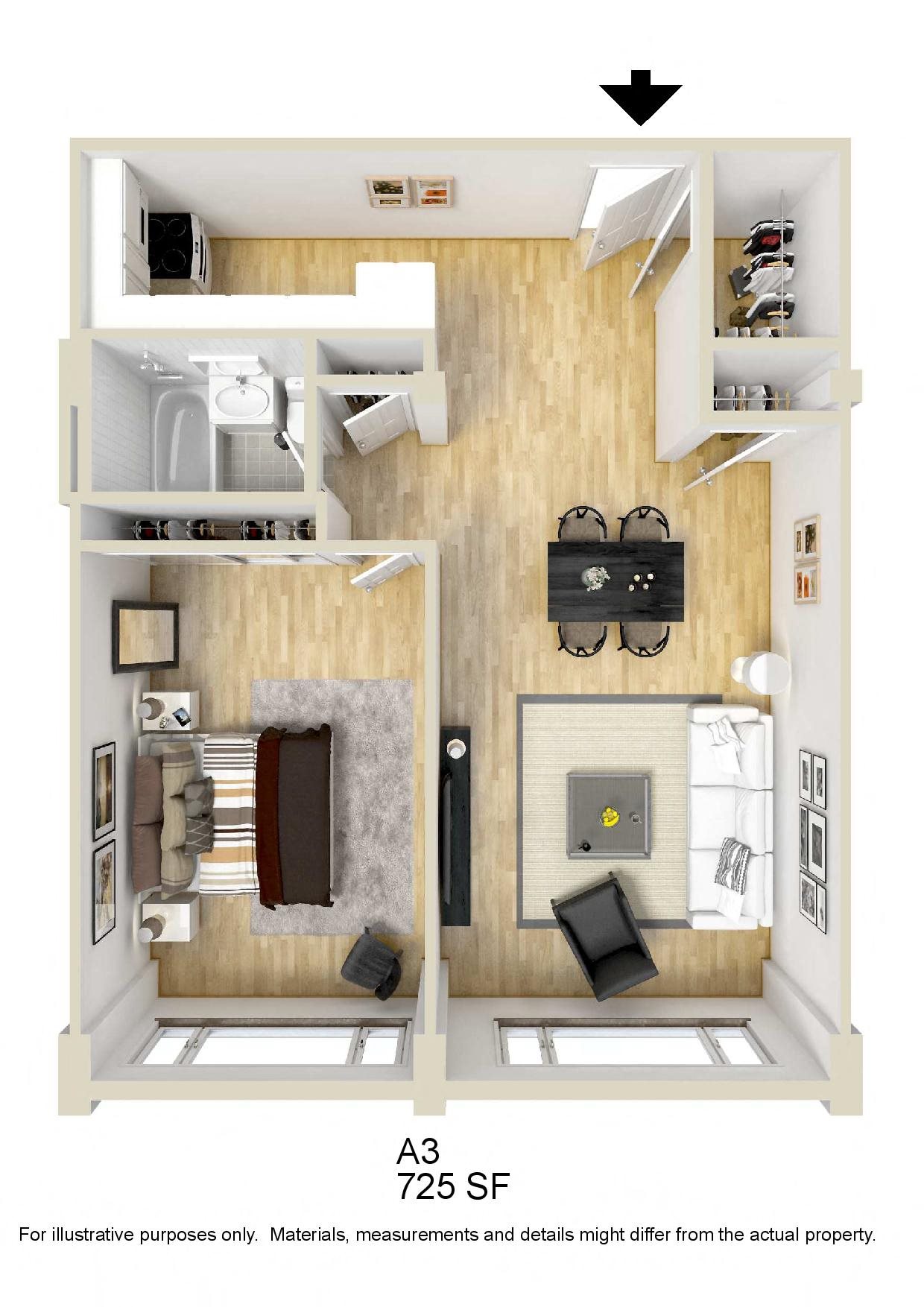 This floor plan is slightly larger than the A3-lay-out; however does not have the additional small closet in the living room.
